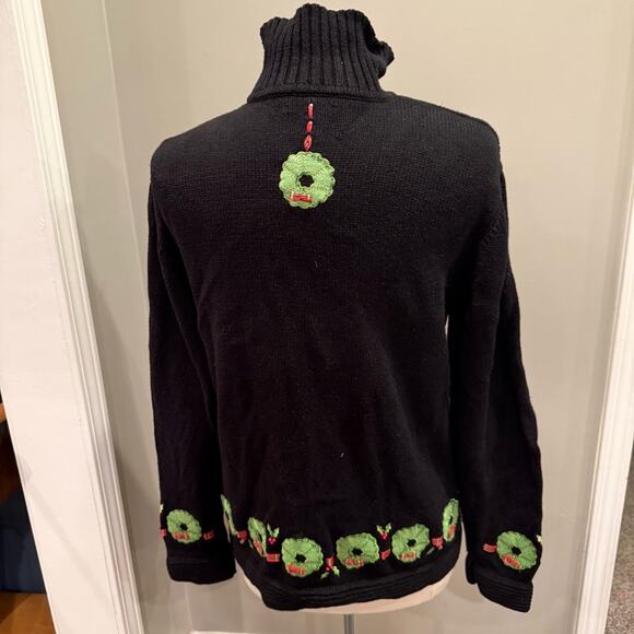 Vintage Christmas Wreath Zip Sweater Plaid Ribbon Applique Beaded Sz Lrg Black - Picture 4 of 12